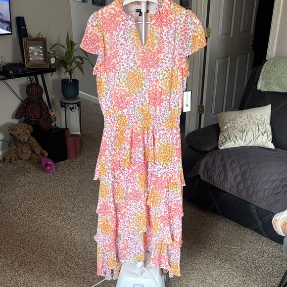 Sam&Jess Dresses & Skirts - Sam & Jess Women's Floral-Printed Smocked-Waist Tiered Midi Dress Size L Spring